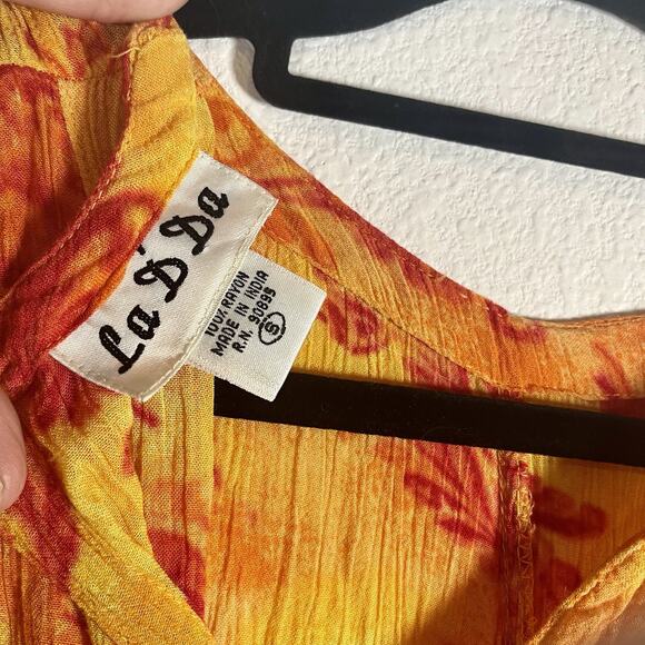 La D'Da Vtg Midi Dress S Crinkled Rayon Orange Floral Sleeveless Flowy Summer - Picture 7 of 8
